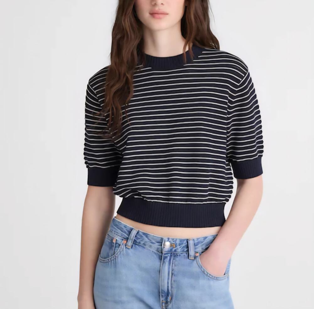 Madewell Textural-Stitch Crewneck Sweater in 100% Cotton size M Navy Mini Stripe